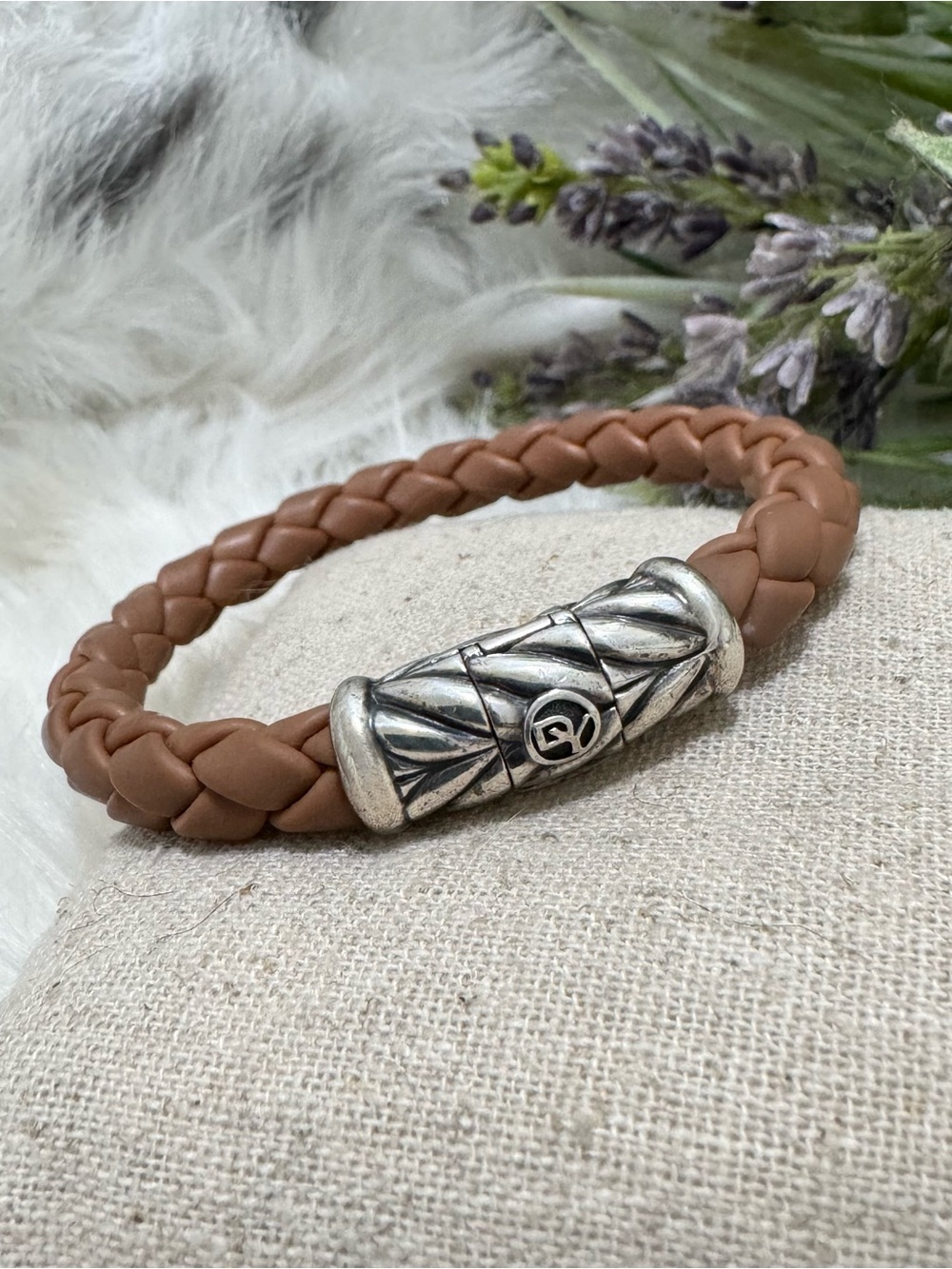 David Yurman .925 Chevron Bracelet in Braided 8mm Brown Rubber